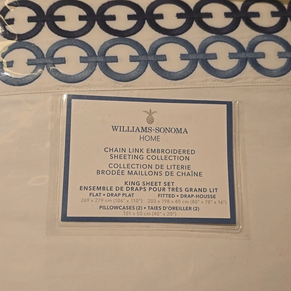 Williams Sonoma Chain Link White Embroidered Luxurius Italian King Sheet Set